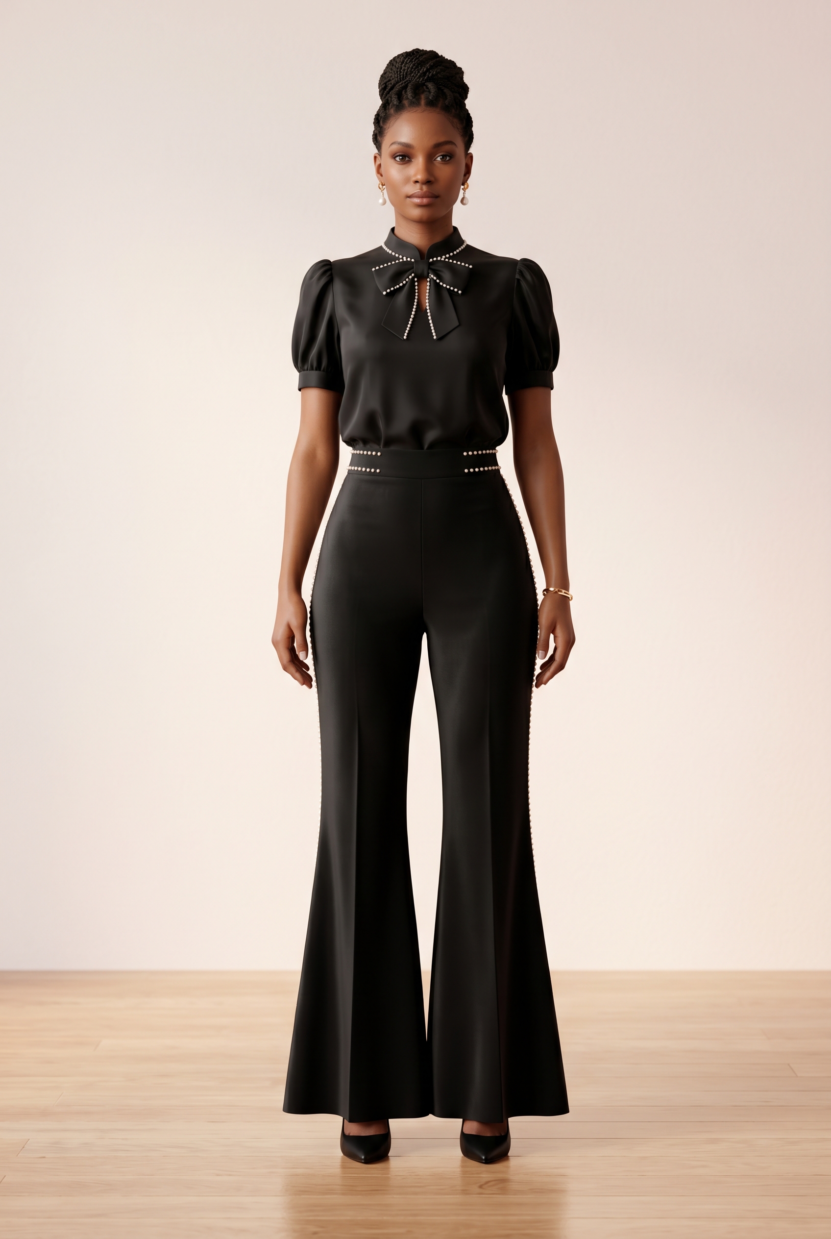 Black embellished two-piece set with flared trousers